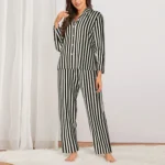 Pajamas Female Vertical Striped Bedroom Sleepwear Black White Lines Casual Pajama Set Long Sleeve Fashion Oversized Home Suit