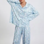 Women Sleepwear Loungewear Loose 2 Pieces Print Sweet Long Sleeve Lapel Neck Shirt Tops and Elastic Waist Pants Pajamas Set