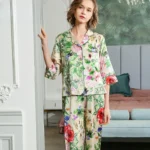 100% Mulberry Silk Women's Pajamas 2 Piece Suit Elegant Loungewear Floral Button Long Sleeve Shirt & Pants Real Silk Pyjama Set
