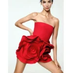 2024 Stereoscopic Flowers Strapless Red Bandage Mini Evening Dress Fashion Woman Birthday Party Dress Celebrity Party Outfit