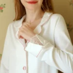 2023 Women Ins Full Sleeves Sleepwear Fashion Turn-Down Collar Two-Pieces Pajamas Princess Vintage Lace Decor Long Pants Pyjamas