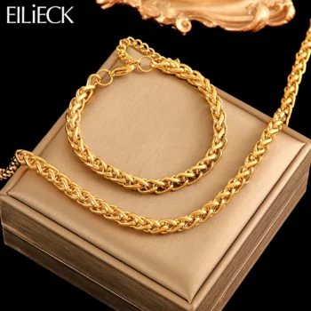 EILIECK 316L Stainless Steel Chains Neckalces Bracelet Jewelry Set For Women Gold Color Metal 18 K Plated Collar Bijoux Gift