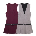 Summer Women's Mini Dress Fashion V-Neck Belt Slim Pleated Dresses 2024 Sleeveless Elegant Streetwear Women's Short Party Dress