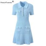 Vintage Elegant Style 2024 Spring Lady Turn-down Collar Short Sleeve Women Knit Sequin Slim Fitted Flounced Short Solid Dress