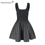 2024 Autumn Vintage Style High Quality Lady Sleeveless O-neckline Women Mini Short Knitted A-line Striped Dress