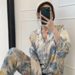 Light Luxury Spring and Autumn New Silk Smooth Pajamas for Women Monet Flower High Grade Long Sleeve Cardigan Satin Silk Pajamas