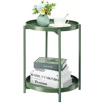 2 Tier Metal Side Table End Table Outdoor Side Table Small Accent Table Anti-Rust Green Nightstand for Bedroom Balcony Patio