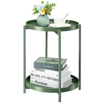 2 Tier Metal Side Table End Table Outdoor Side Table Small Accent Table Anti-Rust Green Nightstand for Bedroom Balcony Patio