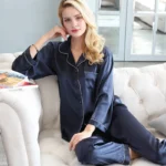 Pajamas Women Robe Sets 100% Silk Fabric Sleepwear Two Pieces Set Simple Style Turn-down Collar Elastic Waist 3 Colors Nightgown