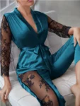 kf-S560c3cf7bf6a4e46a7b610c9a0df67d30-Women-s-Satin-Pajamas-Set-Gorgeous-Sleeve-Top-with-Pant-Contrast-Lace-Lounge-Wear-Hollow-Out