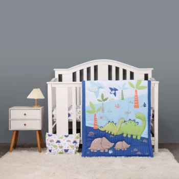 4 pcs Baby Crib Bedding Set blue dino with embroidery hot sale including quilt, crib sheet, crib skirt