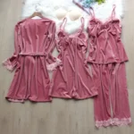 kf-S1389654ac79045d69e796c9186c964f8i-Autumn-Winter-Velvet-Pajamas-Four-Piece-Set-Women-Sleepwear-Sexy-Lace-Trim-Bathrobe-Nightgown-Loose-Velour