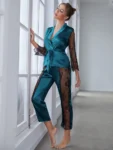 kf-S560c3cf7bf6a4e46a7b610c9a0df67d30-Women-s-Satin-Pajamas-Set-Gorgeous-Sleeve-Top-with-Pant-Contrast-Lace-Lounge-Wear-Hollow-Out