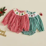 ma&baby 0-3Y Christmas Newborn Baby Girl Romper Plaid Print Long Seeve Santa Embroidery Plaid Print Jumpsuit Xmas Costumes