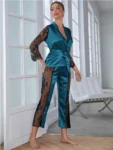 kf-S560c3cf7bf6a4e46a7b610c9a0df67d30-Women-s-Satin-Pajamas-Set-Gorgeous-Sleeve-Top-with-Pant-Contrast-Lace-Lounge-Wear-Hollow-Out