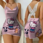 kf-S0059b9b9454b4eb486bc072b29f1c5b1A-Mini-Dress-Pajama-Skirt-Hello-Kitty-Sexy-Dresses-Off-Shoulder-Bow-Knot-Satin-Surface-Womens-Fashion