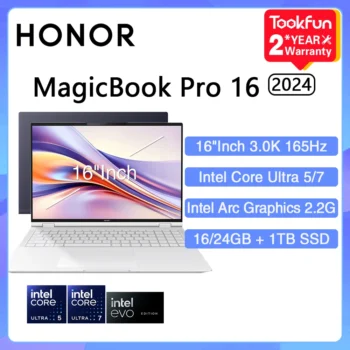 HONOR MagicBook Pro 16 2024 Laptop Intel Ultra 5 125H Arc graphics 16 24GB 1TB 16" Inch 3K 165Hz Notebook Ultrabook Computer PC