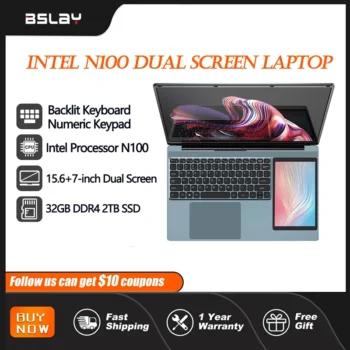 Laptop Dual Screen Intel N100 Backlit Keypad 32GB RAM 2TB SSD Fingerprint Unlock 180° Fold HD Camera Business DDR4 Computer