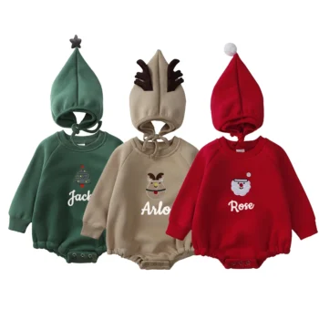0-24M Newborn Baby Christmas Rompers Custom Print Name Solid Cotton Christmas Tree Santa Claus Deer Costume For Xmas Pajamas
