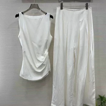 2024 new women's fashion suit side pleated vest top + pleated wide leg pants 2-piece set 0723