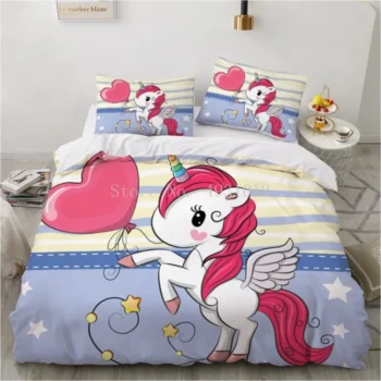 Children Kids baby Pink Bedding Sets Queen King Size Cartoon Unicorn White Soft Duvet Cover Single Double Queen King Bedclothes