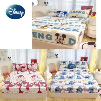 Disney Stitch Cartoon Mickey Pooh Skin-friendly Printed Sheets 3-piece Set Mattress Protector Non-slip Sheets Children's Bedding