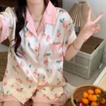 Women Pajamas Sets Summer 2 Piece Peaches Print Pyjama Faux Silk Satin Buttons Sleepwear Short Sleeve Pijama Mujer Pjs Homewear