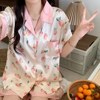 Women Pajamas Sets Summer 2 Piece Peaches Print Pyjama Faux Silk Satin Buttons Sleepwear Short Sleeve Pijama Mujer Pjs Homewear