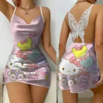 kf-S0059b9b9454b4eb486bc072b29f1c5b1A-Mini-Dress-Pajama-Skirt-Hello-Kitty-Sexy-Dresses-Off-Shoulder-Bow-Knot-Satin-Surface-Womens-Fashion