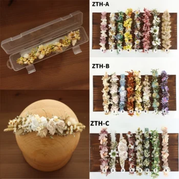 KD Newborn Photography Props Fancy Baby Shoot Headband With Portable Box Stretch Straps Dried Floral Headwear Studio Accessories
