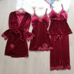 kf-S1389654ac79045d69e796c9186c964f8i-Autumn-Winter-Velvet-Pajamas-Four-Piece-Set-Women-Sleepwear-Sexy-Lace-Trim-Bathrobe-Nightgown-Loose-Velour