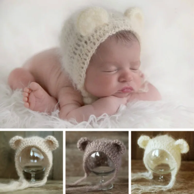 Newborn Photography Props Baby Hats Lovely Teddy Bear Hat Soft Knitted Hat Baby Shoot Accessories Infant Photo Sweet Ornaments