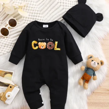 Autumn Newborn Baby Boys Romper with Hat ‘’Born to be COOL‘’ Cartoon Bear Print Cotton Long Sleeve Infant Jumpsuit Clothes