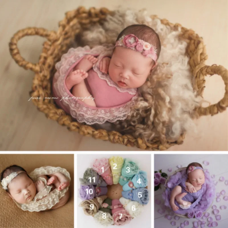 40x160cm Newborn Photography Props Lace Edge Baby Wrapping Cloth Infant Photo Shoot Accessories With Matched Baby Headband
