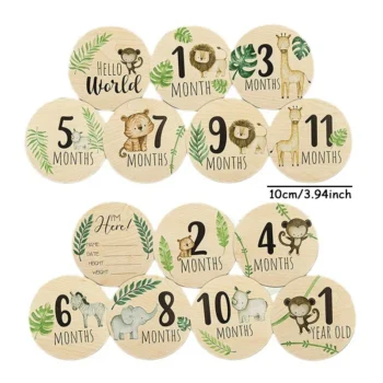 7pcs Animal Print Newborn Photography Props Baby Milestone Card Wooden Monthly Recording Commemorative Cards Baby Shower Gifts