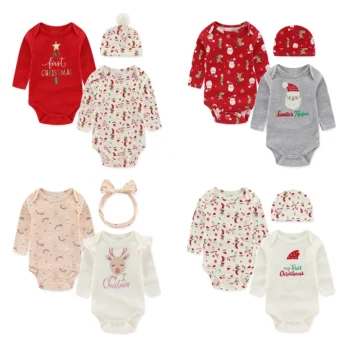 Baby Boy Girl Christmas Outfits Cartoon Print Newborn Clothes Set 3-Pieces Long-Sleeved Bodysuits with Hat Suit Infant Clothing