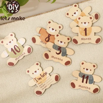 7pc Baby Wooden Milestone Cards Monthly Memorial Newborn Engraved Age Photography Accessories Bear Shape Monthly Birthing Gift