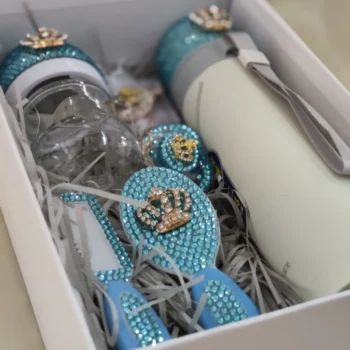 Dollbling Newborn Bedazzled Baby Bottles Set Comb and Brush Rhinestones Gift Box Keepsake Infant Photography Nursery Room Deco